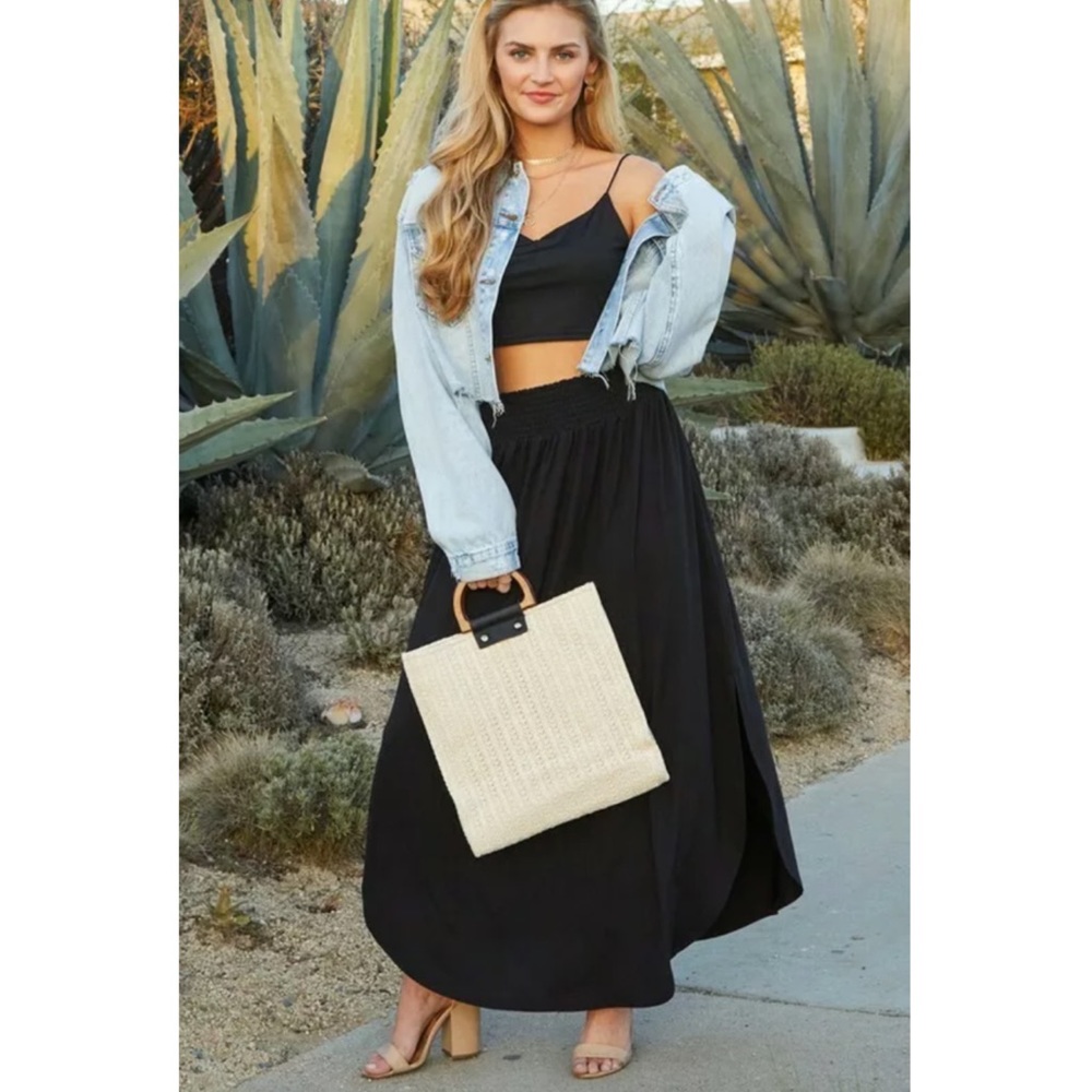SOLD OUT Black Smocked Waist Side Slit Pocket Maxi Skirt - Picture 4 of 7